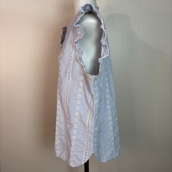 LOFT Top XL Blue White Striped Eyelet Embroidered Flutter Sleeve Button-Front - Picture 4 of 11